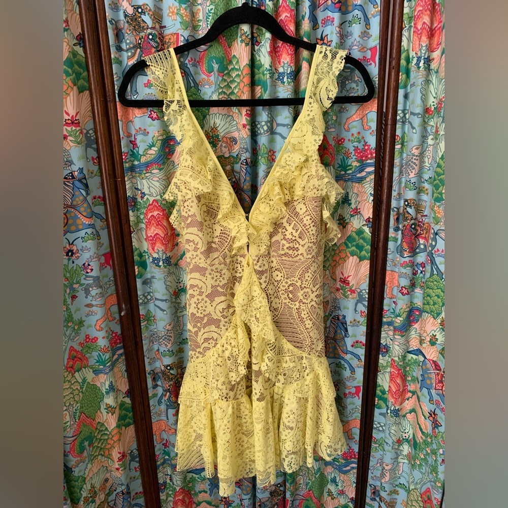 For Love & Lemons Yellow Lace Ruffle Mini Dress
